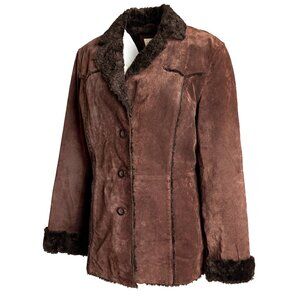 St. Johns Bay Chocolate Brown Genuine Leather Faux Fleece Western Coat